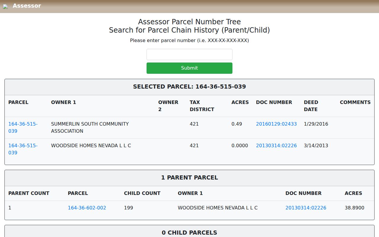 Summerlin South neighbors Clark County Assessor adjacent parcel tree