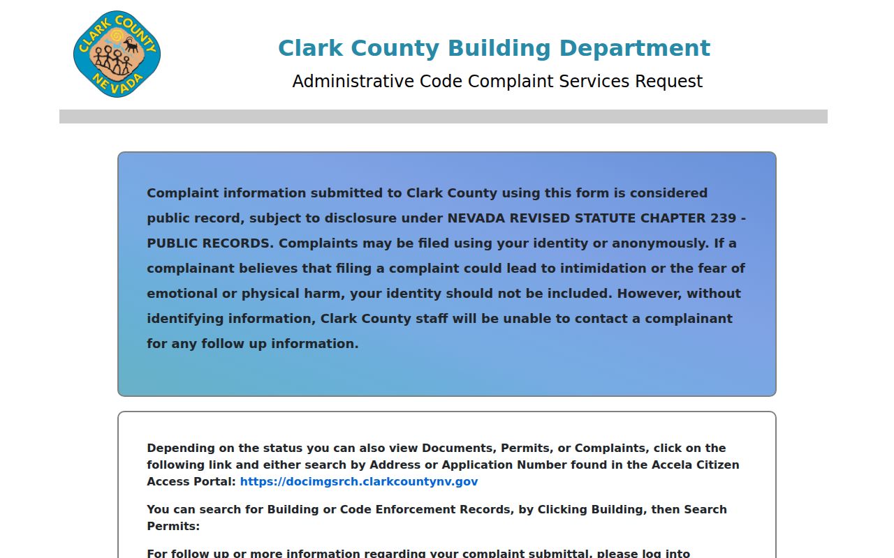 Summerlin South neighbors Clark County Building complaint service form