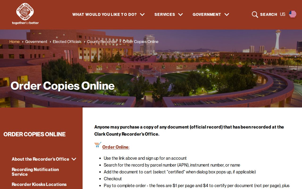 Summerlin South previous residents document ordering through Clark County Recorder online copies