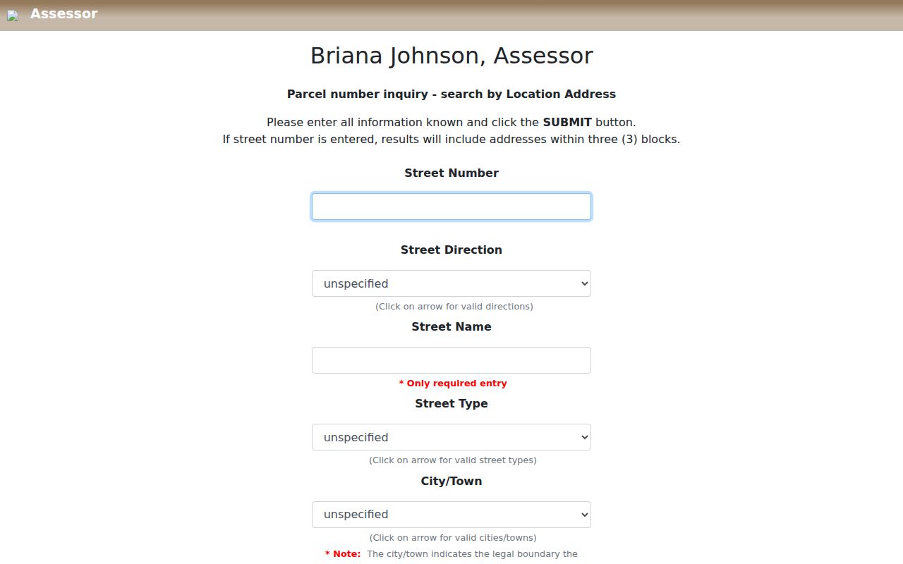 Summerlin South street directory Clark County Assessor address search fields