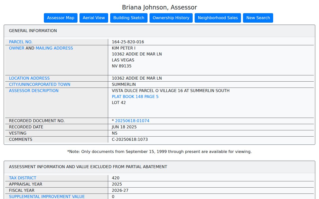 Summerlin South ZIP code directory view of a Clark County Assessor parcel card